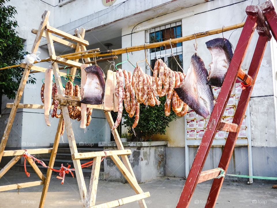 Meat drying outside in China