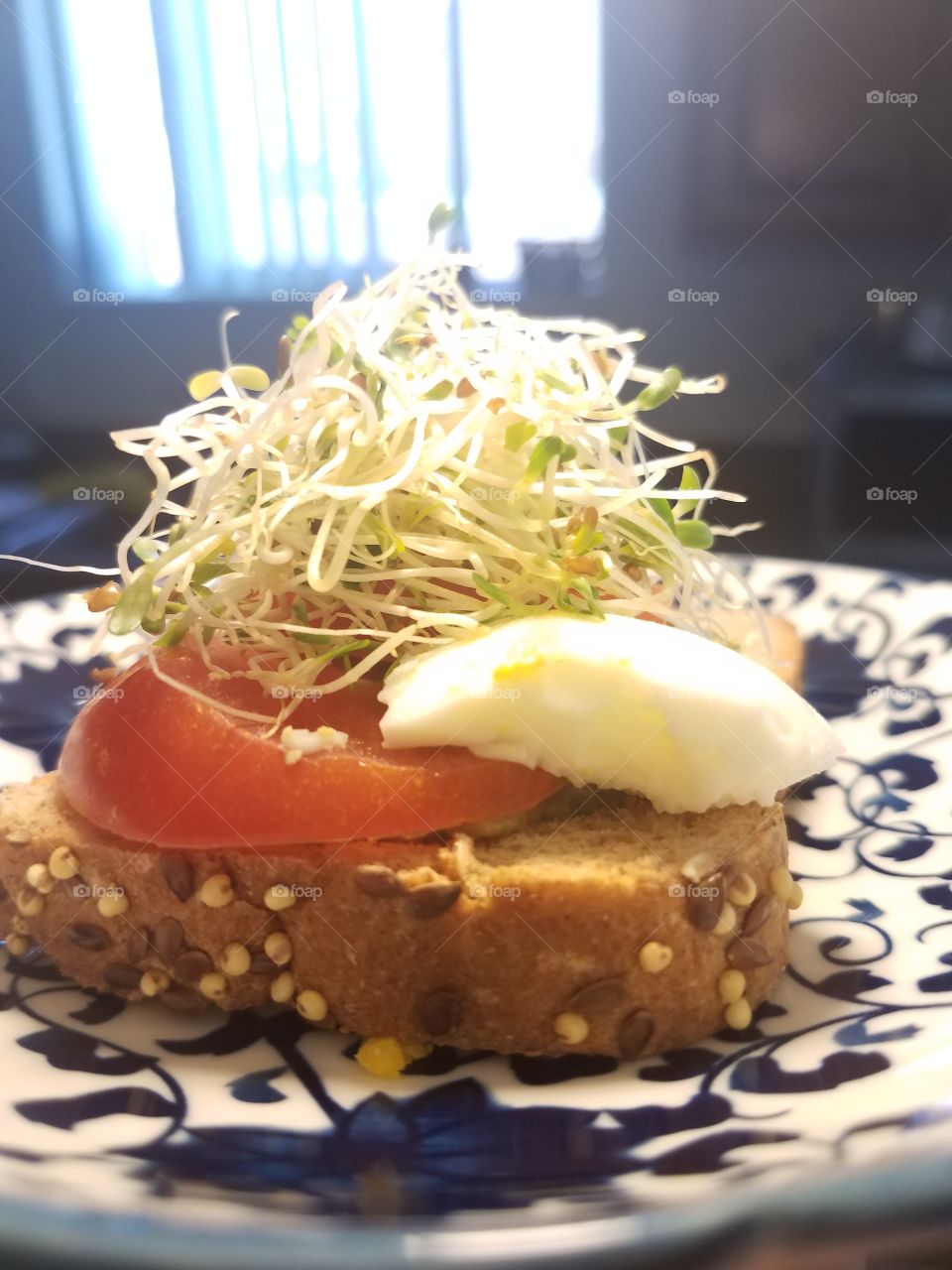 healthy breakfast eggs sprouts 
tomatoes sandwich