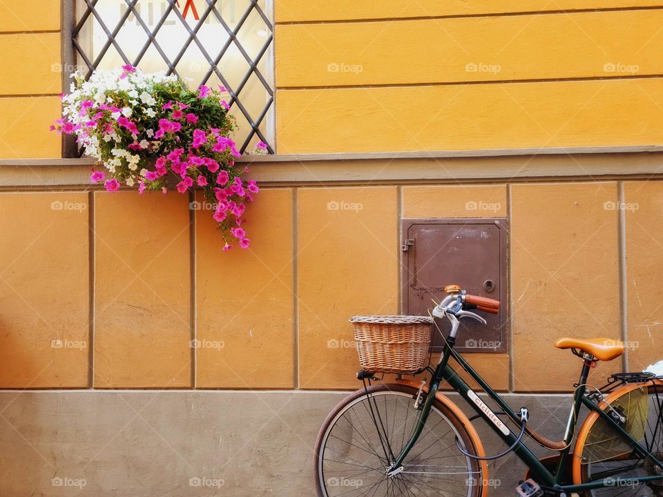 women's bicycle with basket leaning on the wall of an old building