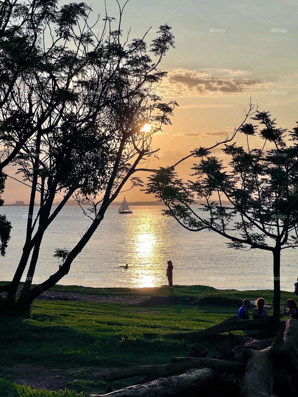 A peaceful scene at sunset, where a sailing boat gently navigates the reflective waters of a lake, while silhouettes of trees frame the image. On the shore, a person stands out in the shade, enjoying the tranquility