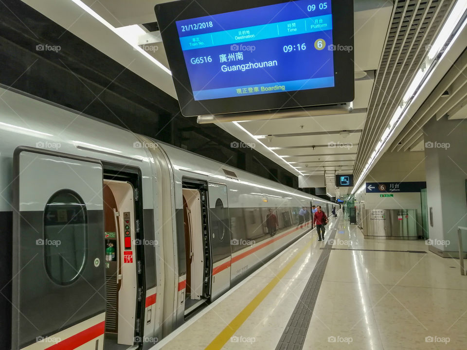A high-speed train at the platform of the West Kowloon Railway Station, Hong Kong