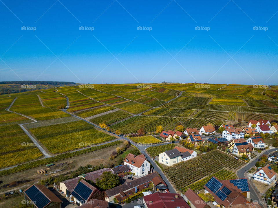droneshot from vineyard in sommerach, germany
