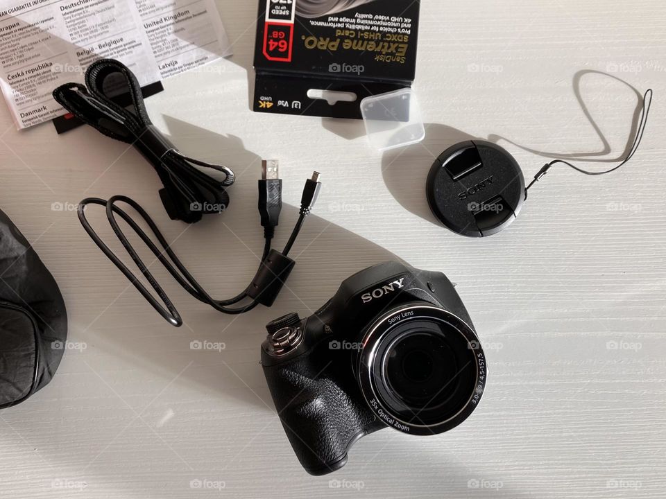 Flatlay of new camera 