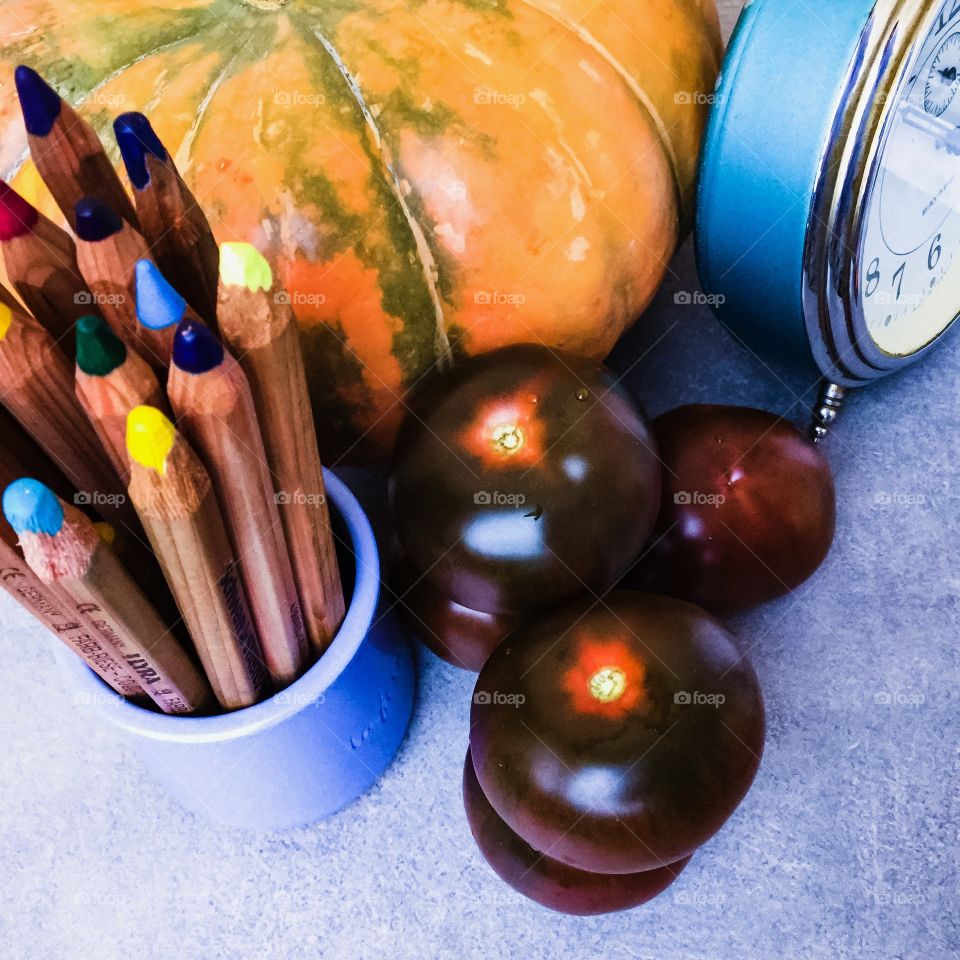 Tomatoes Brown Pencils Pumpkin Clock 