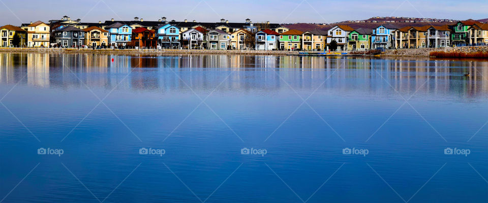 Residential houses in a blue lake