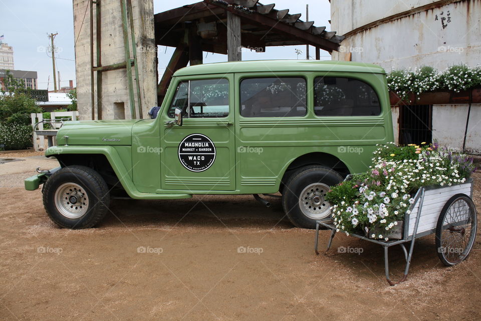 Gorgeous green old car at Magnolia Farms in Waco, Texas.