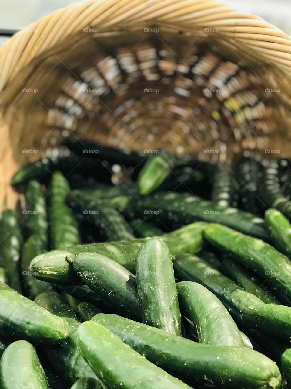 Flatten bamboo basket with green cucumbers.