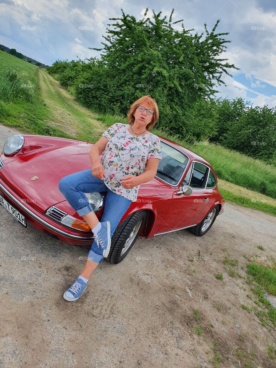 Frau, Auto, Oldtimer, Porsche