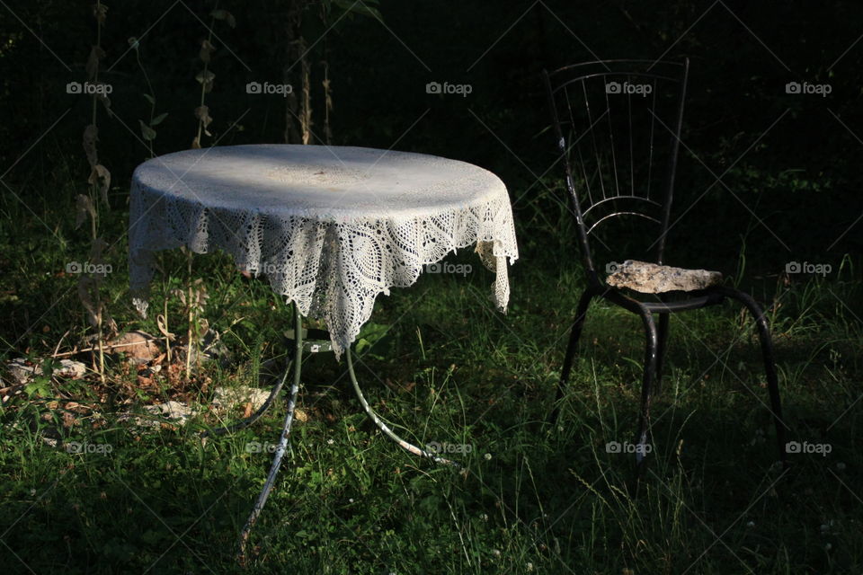 Still life with table & chair. On holiday terrain in Burgundy, France