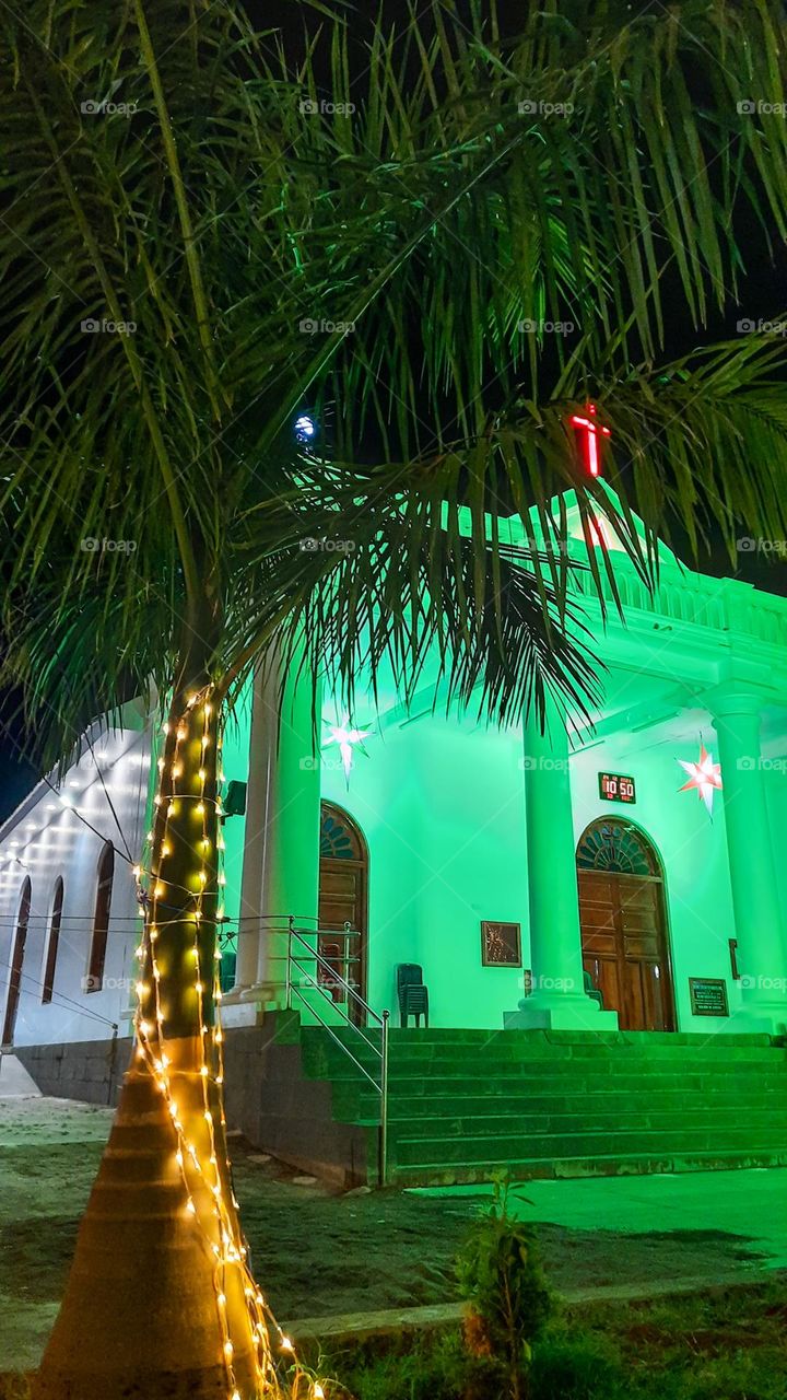 Church with Christmas lights