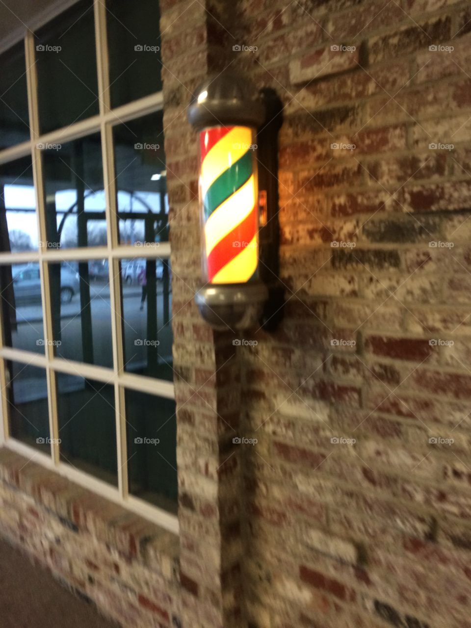 Barber shop
Candy Cain 
Wall
Brick
Red
White 
Blue