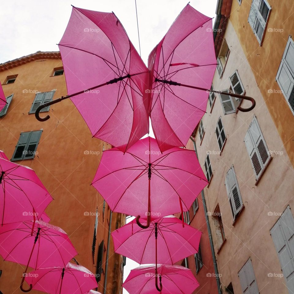 Pink umbrellas in the city of Grasse