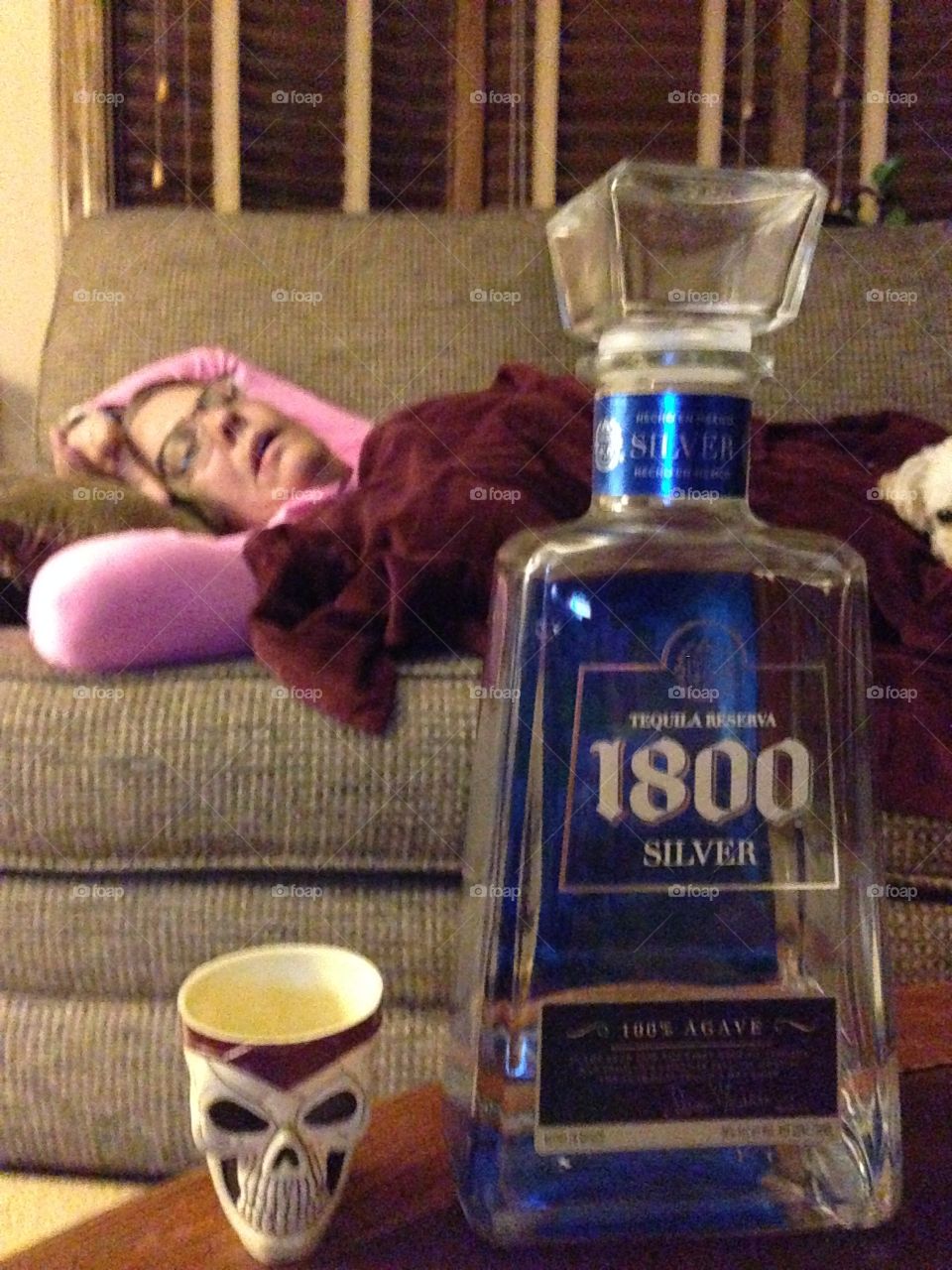 Sleepy time after tequila shot. After a stressful day at work we decided to have a couple of shots of tequila. Moments later I fell sleep on the couch 