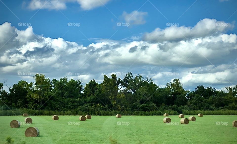 Foap Mission Moods of Weather! Clouds, Blue Skies And Green Farmland With Hay Bails!