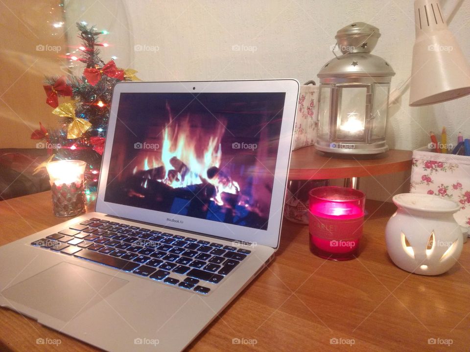 laptop, candles, cozy