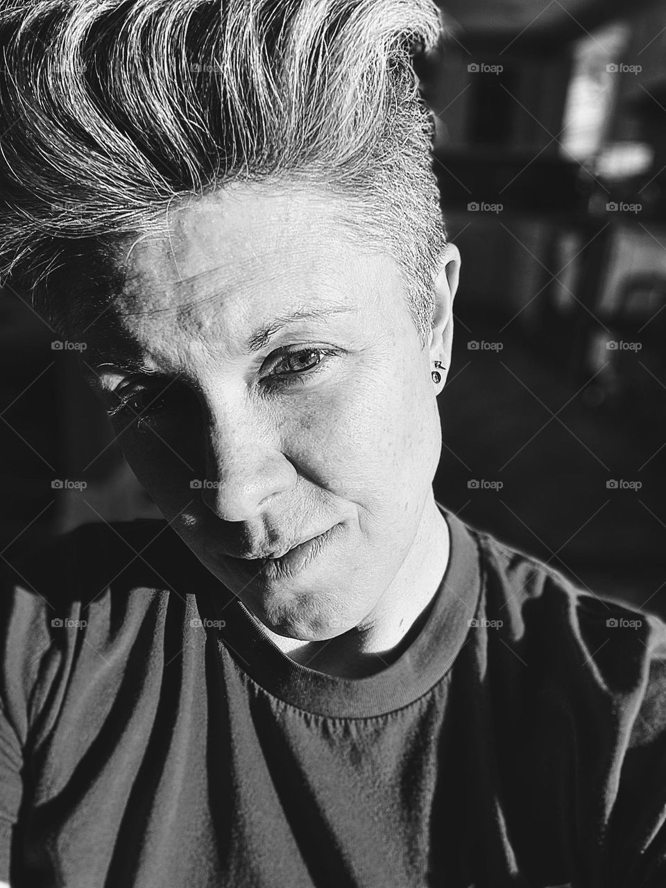 Black and white self portrait, monochrome image of a woman, woman in the United States of America, LGBTQ female in the Midwestern United States, people of America, living in America