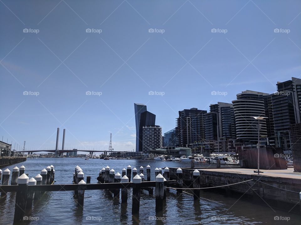 Tranquil setting by the water's edge in an urban city