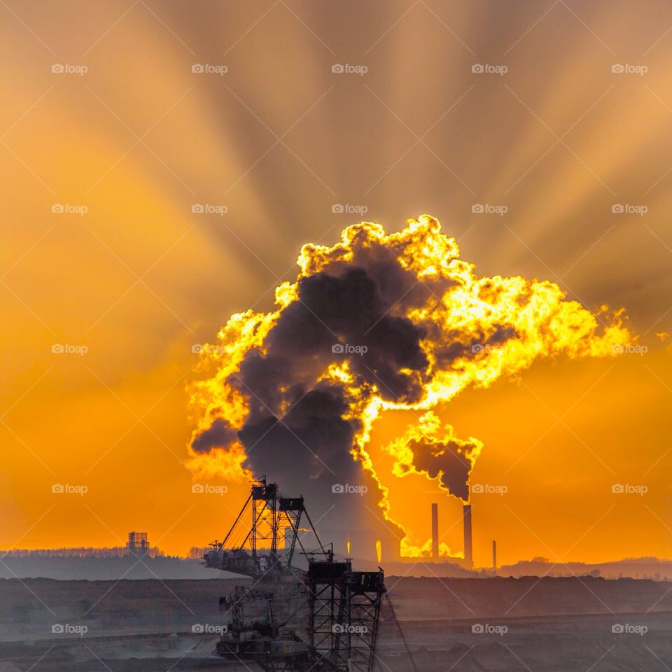 Dusk Cloud smoke over the coal power Station at the Sunset 