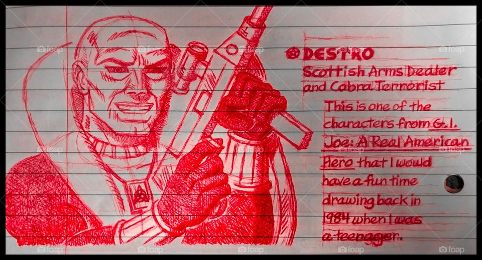 An ink drawing from a journal entry. It depicts Destro from GI JOE: A REAL AMERICAN HERO.