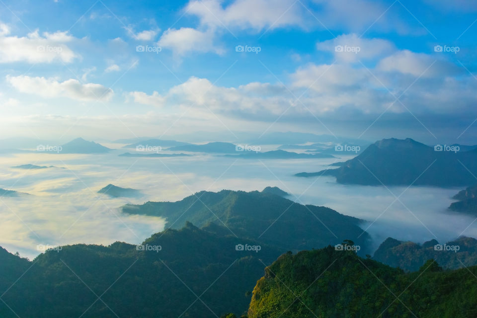 Mountin valley during sunrise. Natural summer landscape