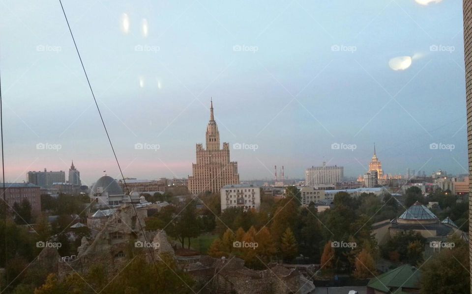 Berth, sunset, river,  Moscow, city, night city, Moscow does not sleep