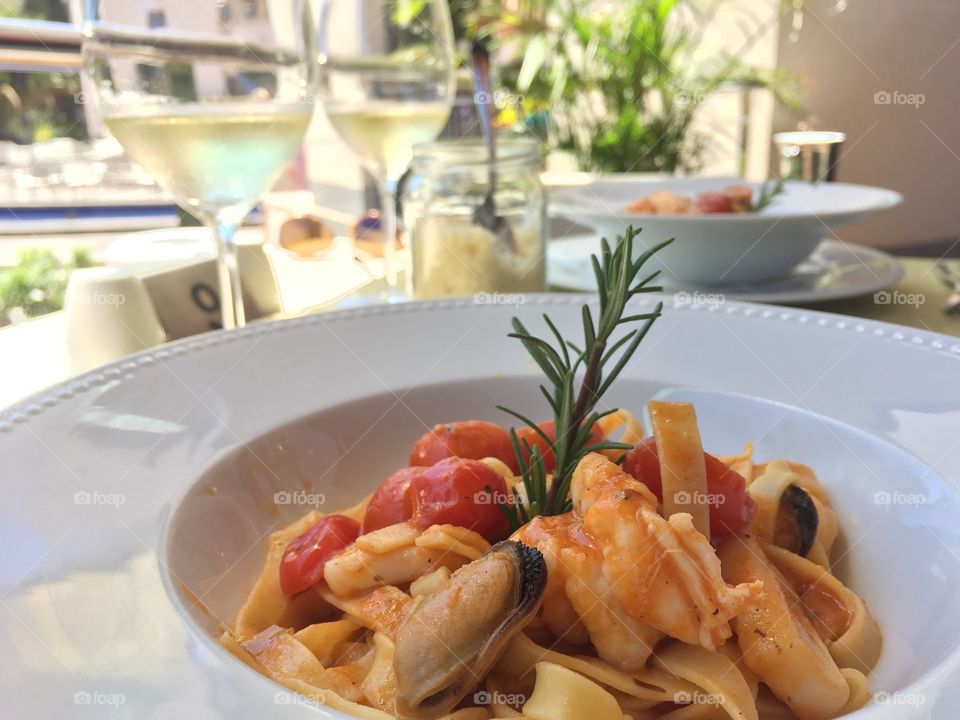 Delicious seafood pasta for dinner in summer