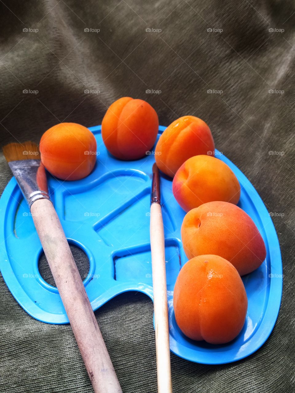 A blue palette with orange apricots instead of paints.  There are two brushes on the palette