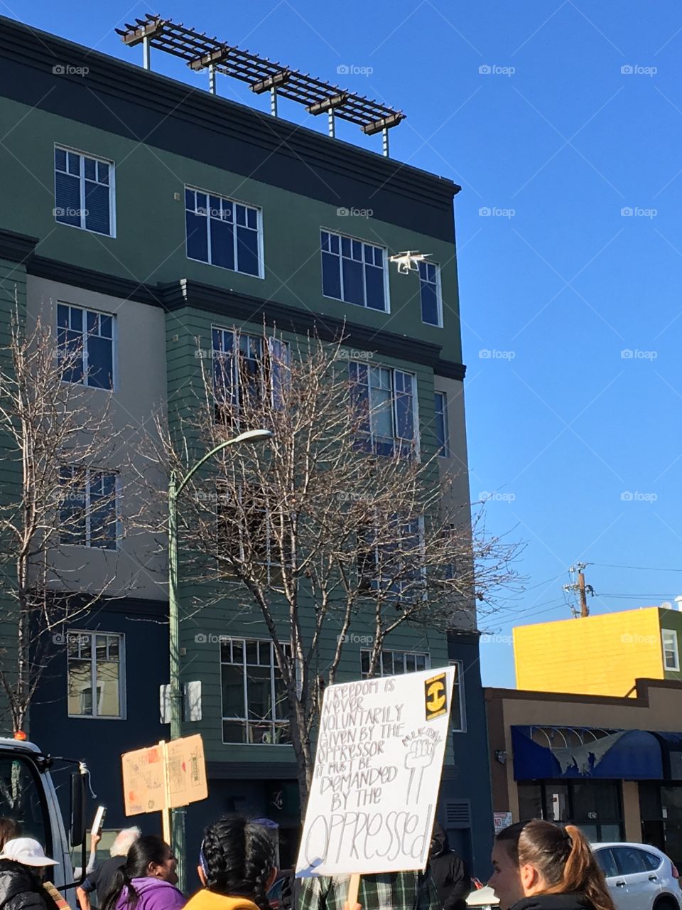 A drone surveillance an MLK day March in Oakland California 