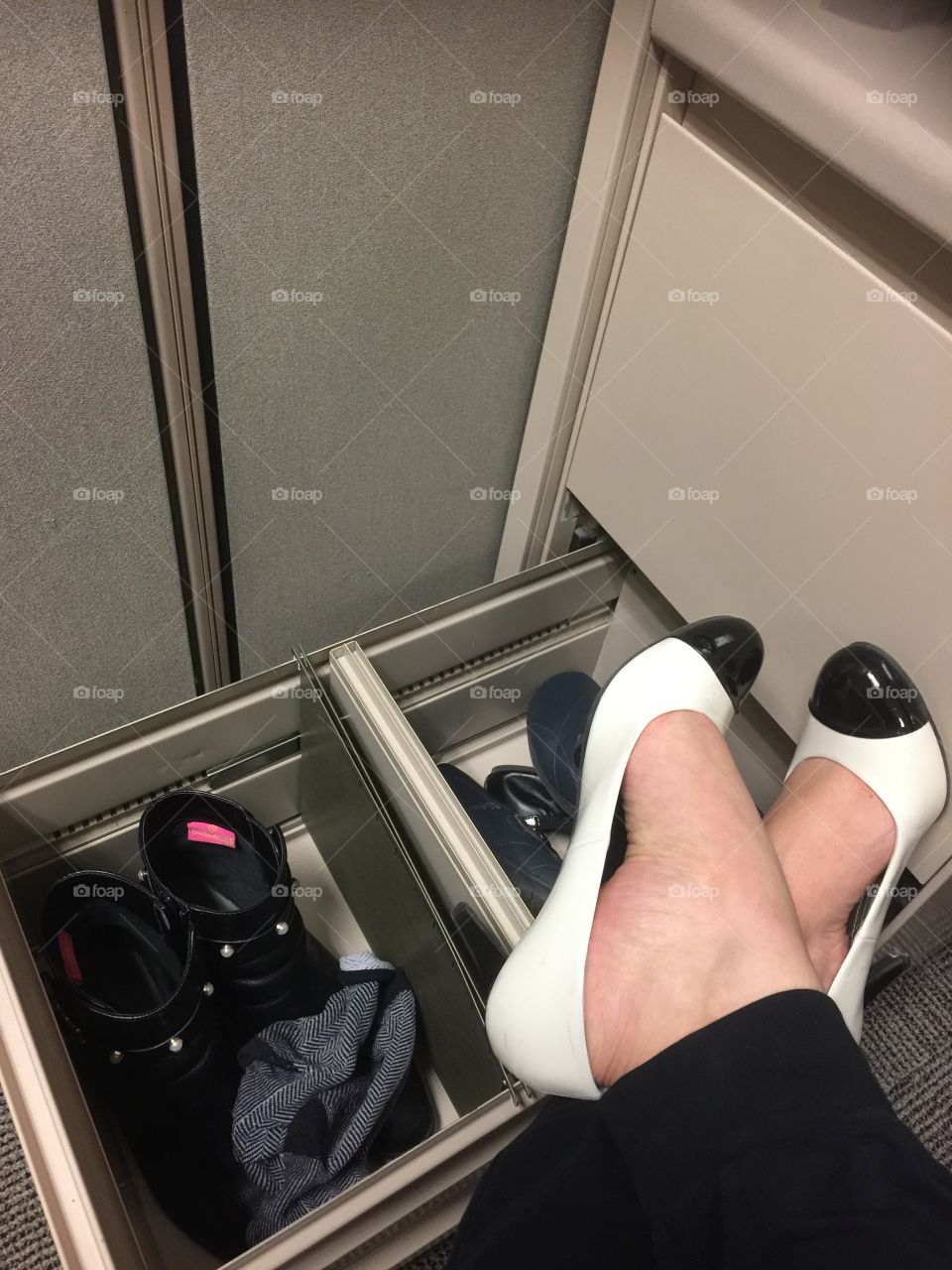Shoe on and in drawer Feet