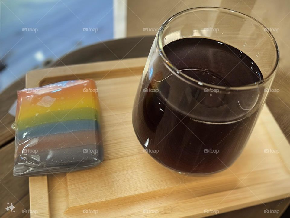 Rainbow Nyonya cake with hand-brewed iced coffee