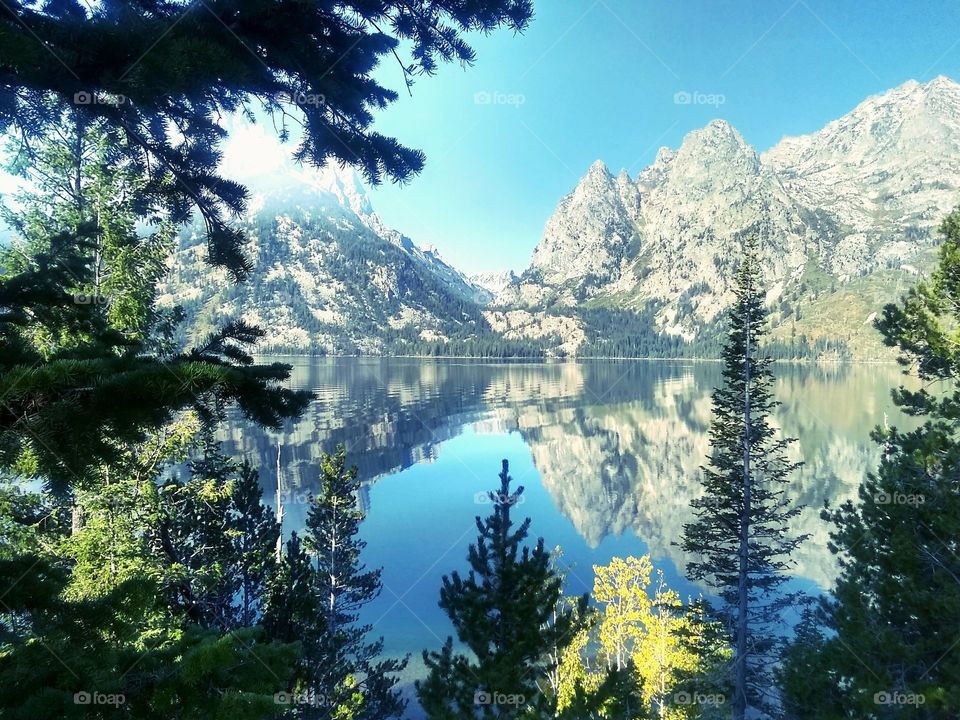 Beautiful view of Jenny Lake in Grand Teton National Park with a stunning reflection of the Grand Tetons on the water.