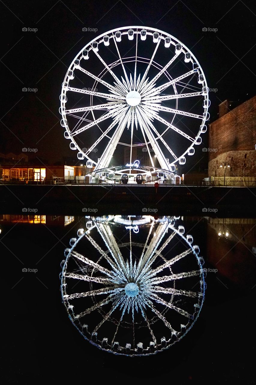 Symmetry Reflection ... big wheel in Gdańsk at night all lit up 