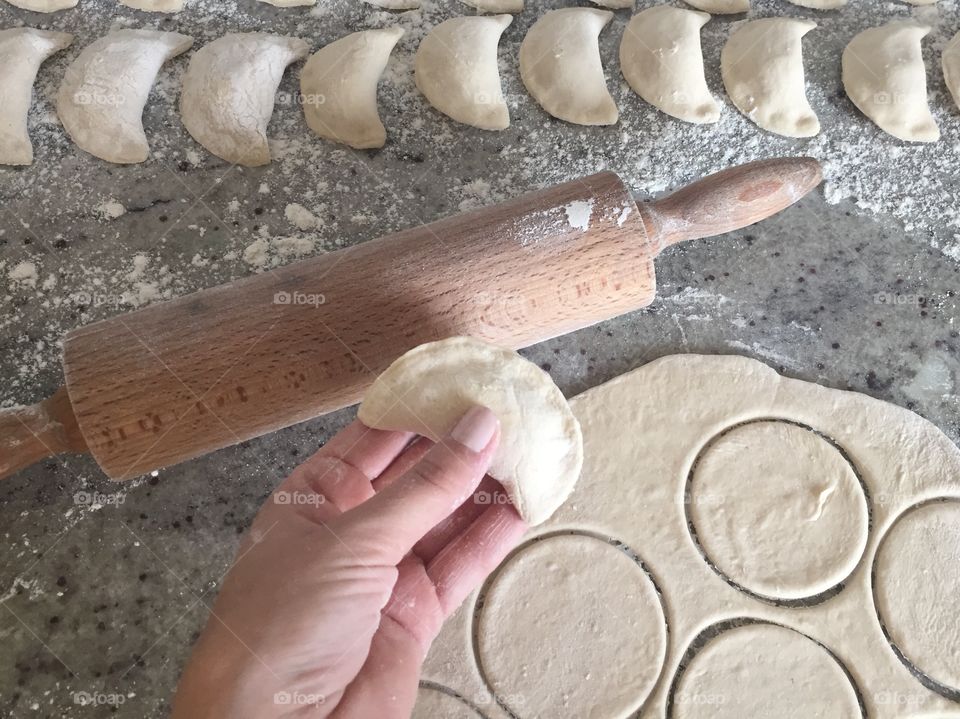 Pierogi preparation in domestic kitchen