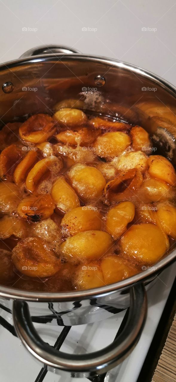 Food eat stay home indoor view bio fresh yummy healthy Red vegetables meat day table part served apricot jam yellow form plant