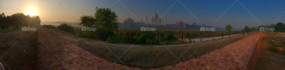 Panoramic sunrise Taj Mahal 