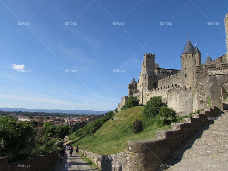 Carcassonne. The old fortified walls of the city of Carcassonne in France