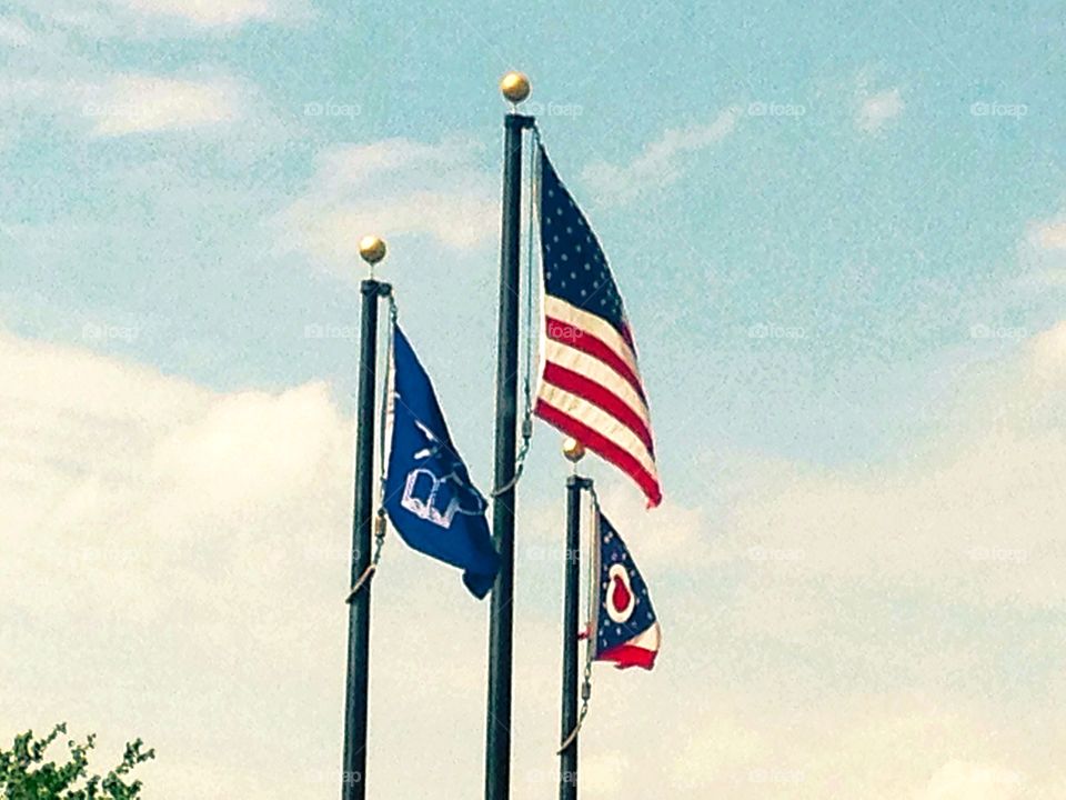 Flags waving. American, Ohio and Washington Centerville Library 