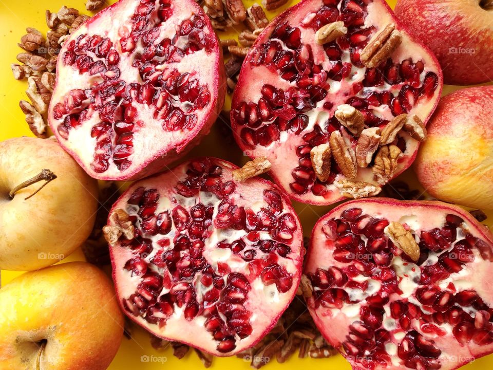 Fall season- pomegranates, apples and pecans.