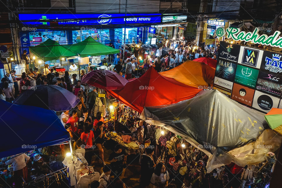 Tha Pae Sunday Walking Street Market from above in Chiang Mai, Thailand 