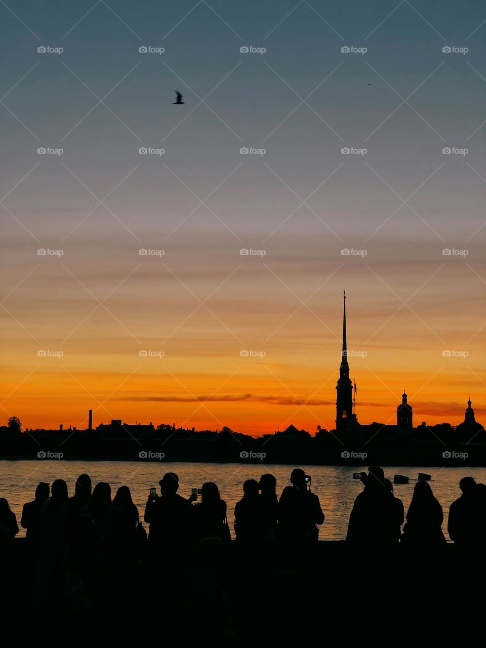 Silhouettes of people on the waterfront shooting a beautiful summer sunset