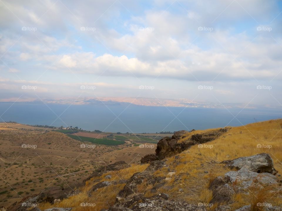 Sky, Mountain, and Lake. Cloudy skies over the Sea of Galilee from the Golan Heights. 