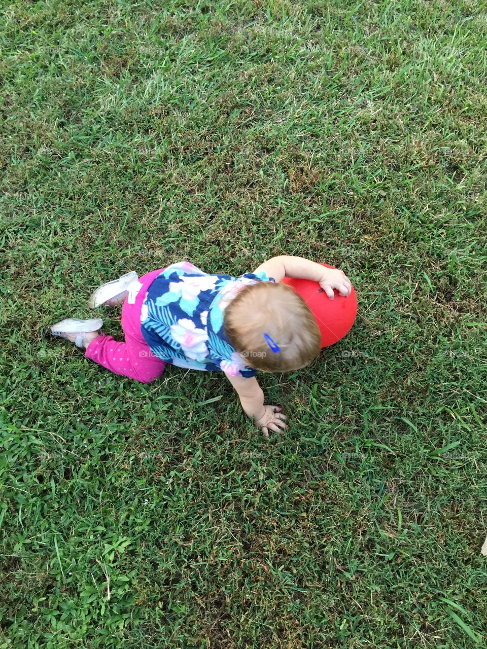 10 month old baby girl enjoying the first fall day of 2018. Baby running and chasing a ball.