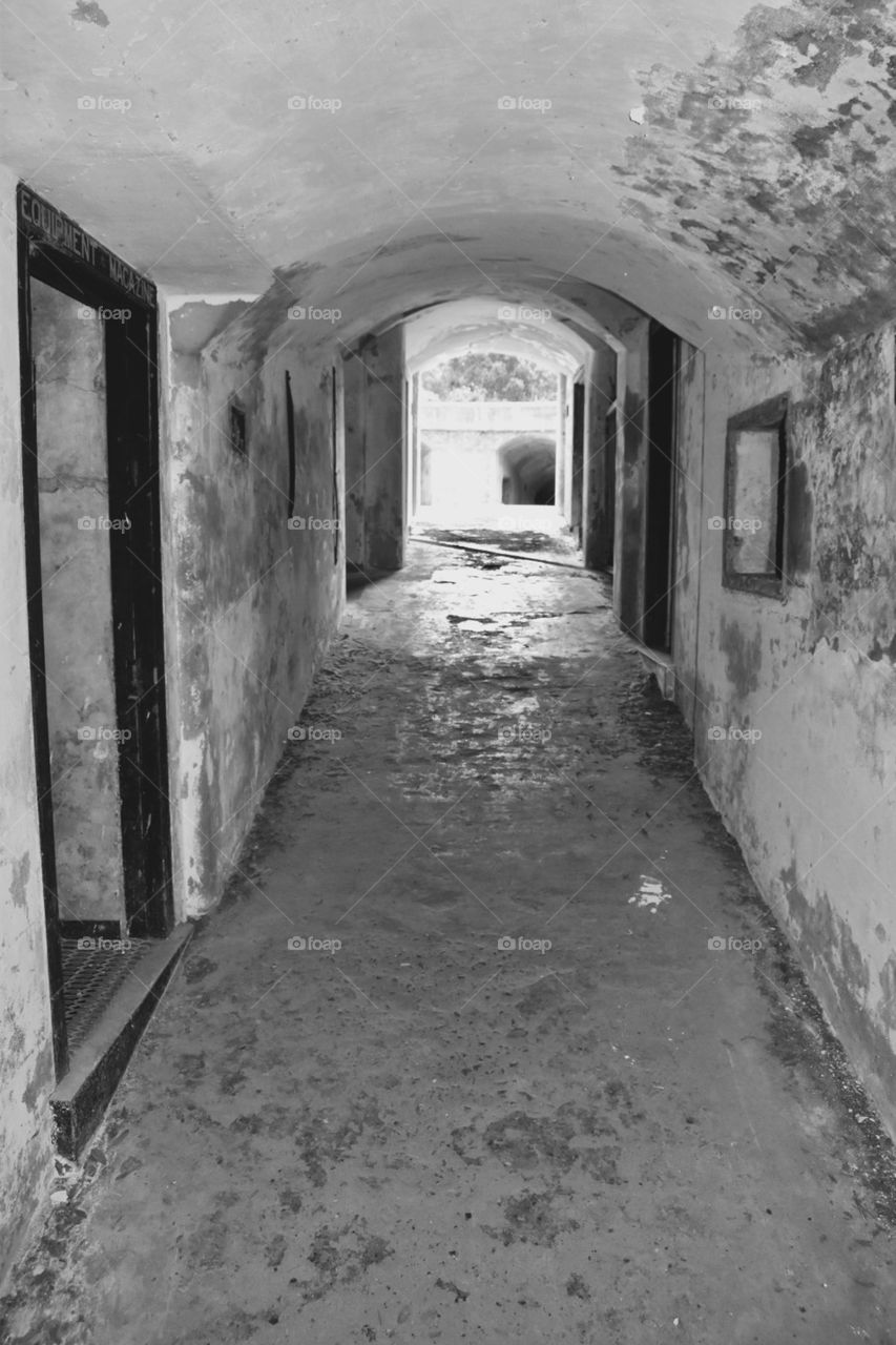 The underground tunnel stretching from one gun emplacement to another at Point Nepean Fort 