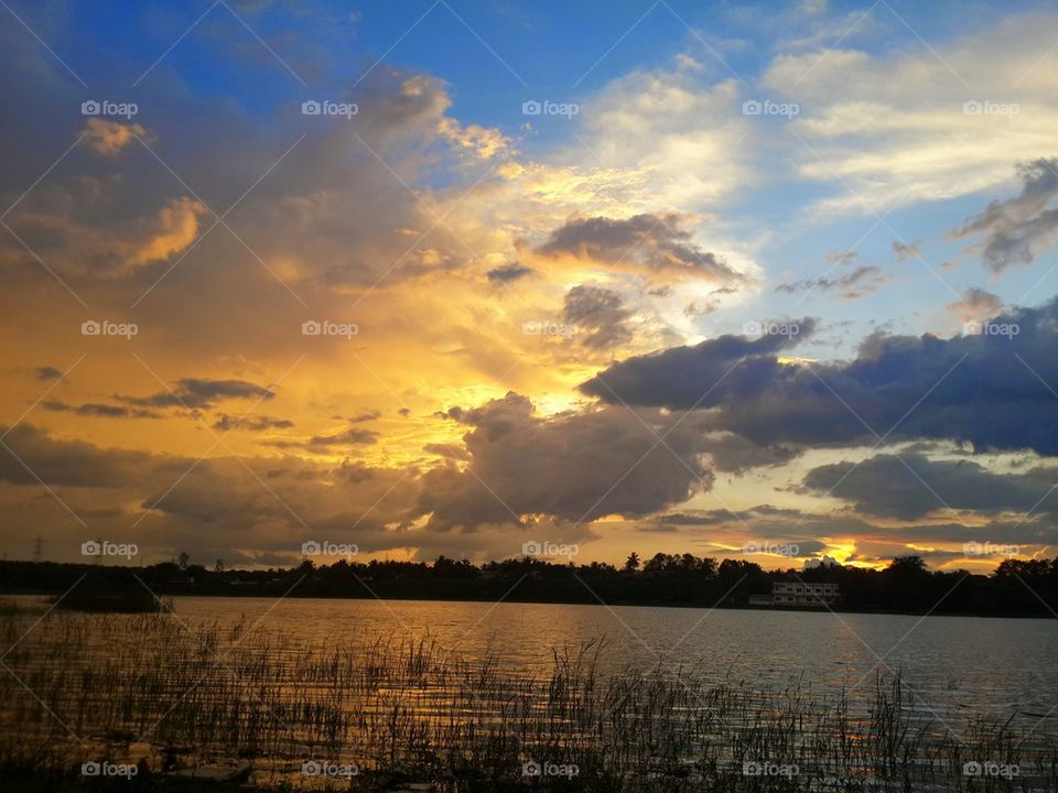 View of idyllic lake during sunset