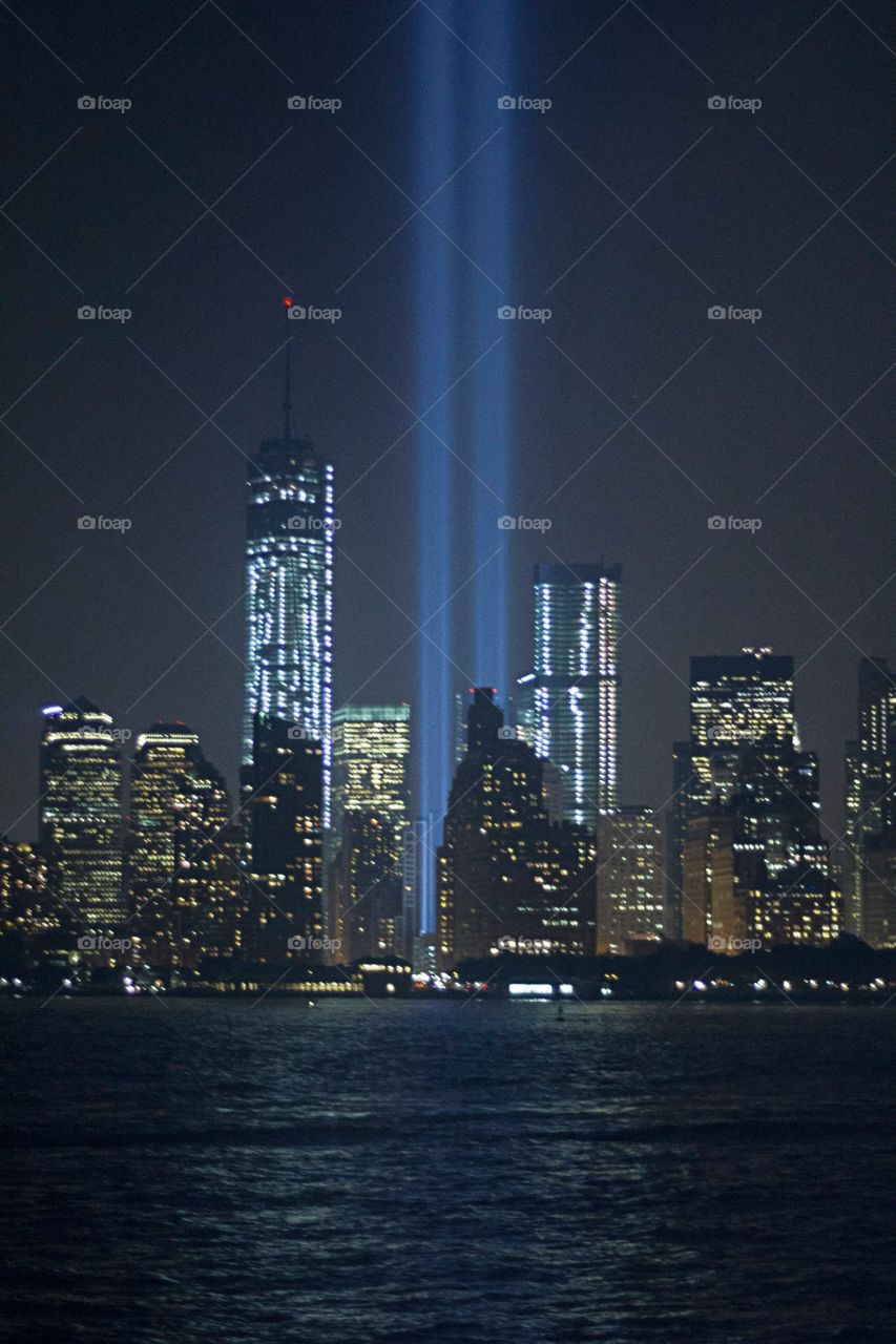 9/11 Lights. Lights at Ground Zero from the Staten Island Ferry