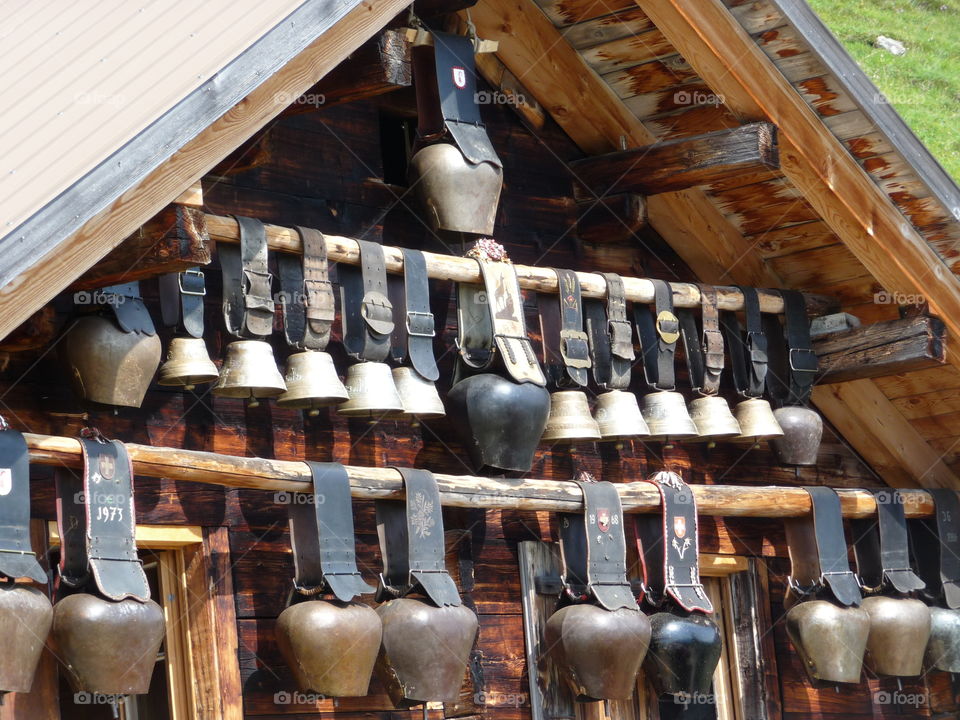 Cowbells. Cowbells are typical for Switzerland. This house is decorated all over with them.