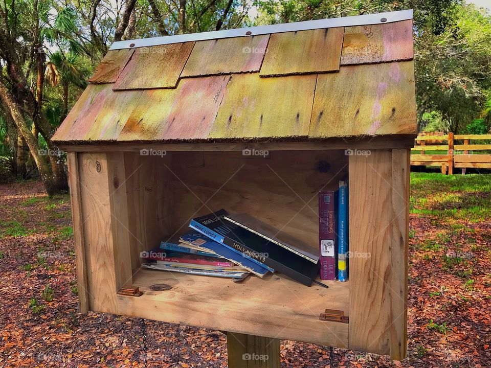 Little library in the woods with free books for all.