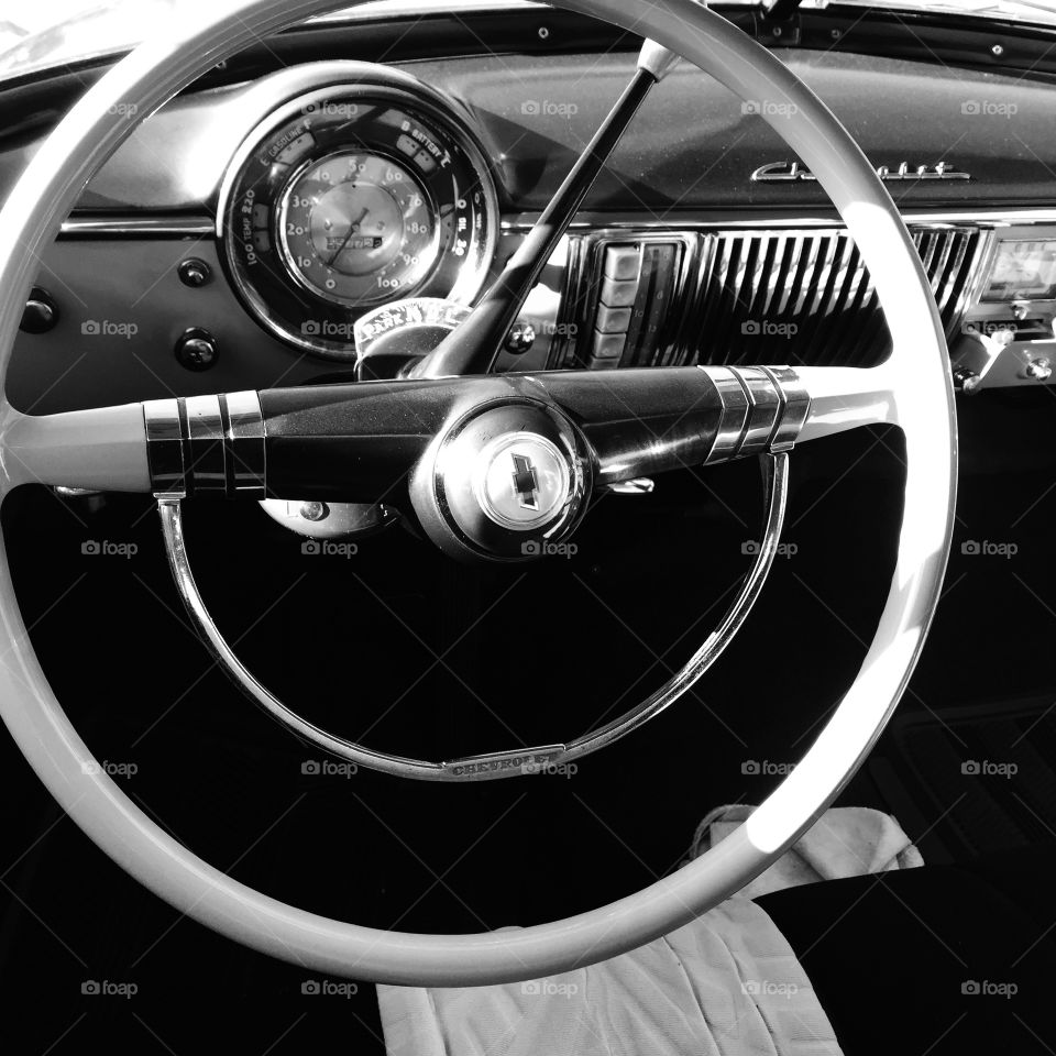Car Steering Wheel, Classic Car Dashboard, Chevy, Classic Car, Monochrome Car Portrait, Driving In A Fast Car
