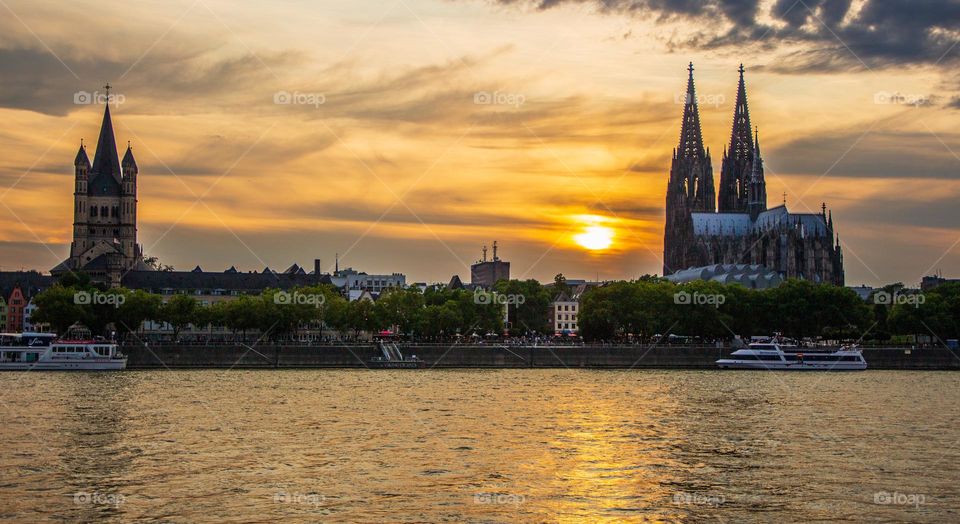 the Cathedral,the Rhine River and the Cityscape of Cologne NRW Germany Europe during the Sunset Timeline