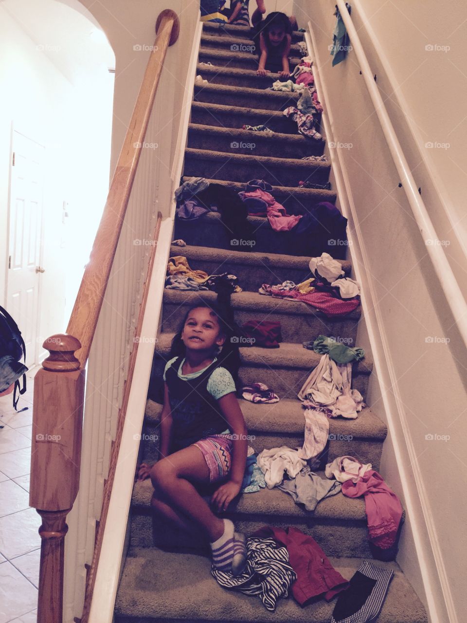 Laundry. Asked the kids to bring me their hamper of laundry, and they threw everything down the stairs...